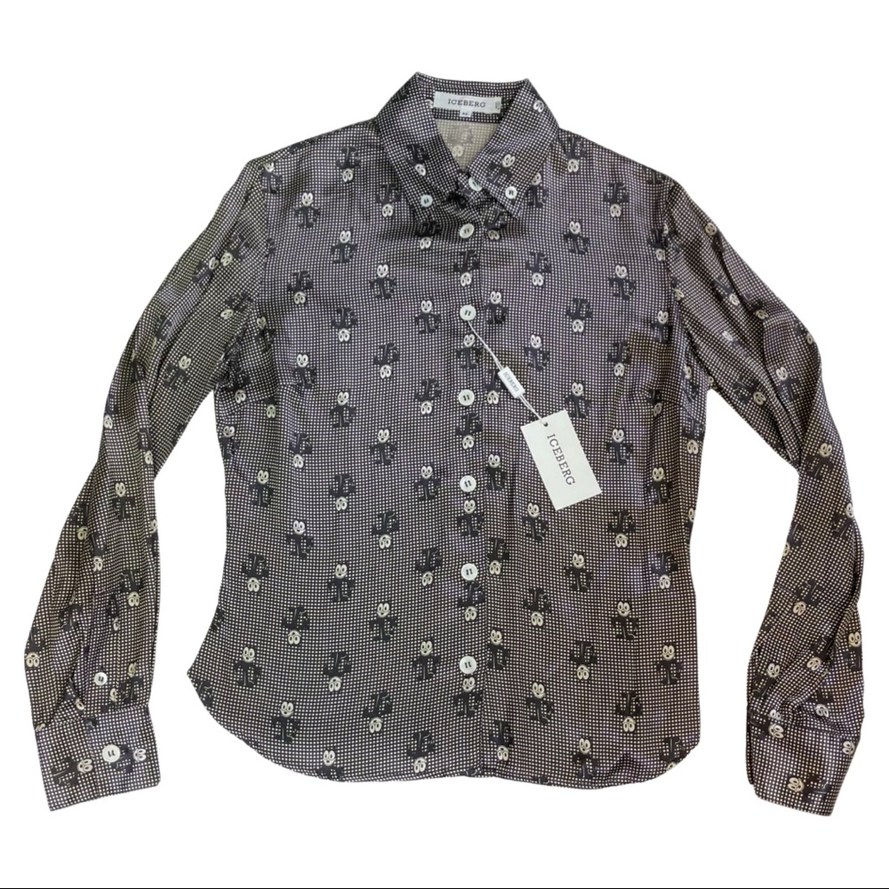 NWT Iceberg Felix Cat Button-Up Silk Blouse Top 42